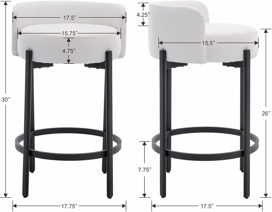 Counter Height Bar Stools 26" round Barstools Set of 2, Modern Faux Leather Counter Stools with Black Metal Legs for for Kitchen Island Counter, Small Space, White
