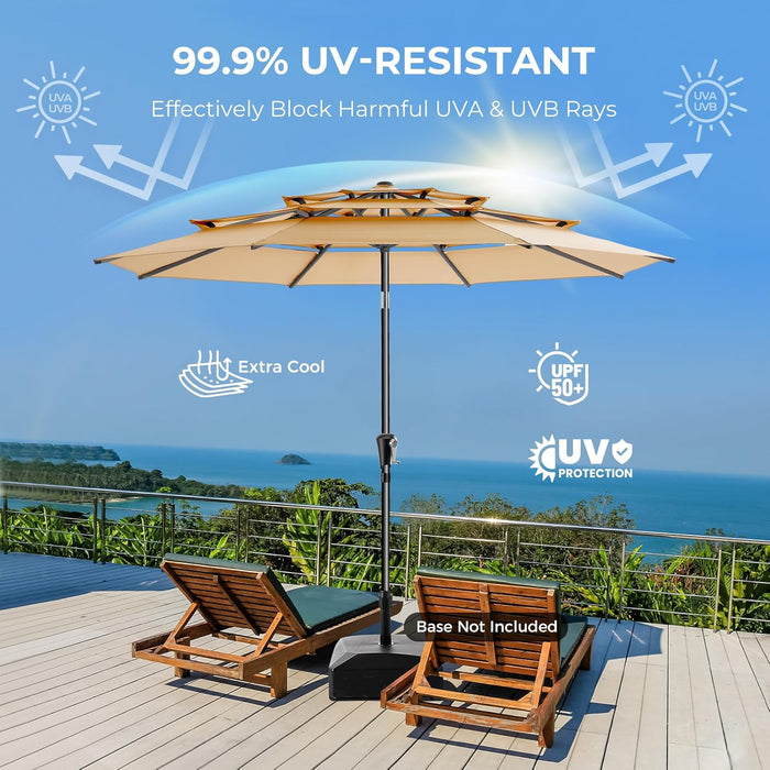 9FT 3-Tier Patio Umbrella, Vented Outdoor Market Table Umbrella | 5-Year Fade Resistant Commercial Canopy with UPF50+ UV Protection. Push Button Tilt & Crank for Pool, Backyard, Deck Shade