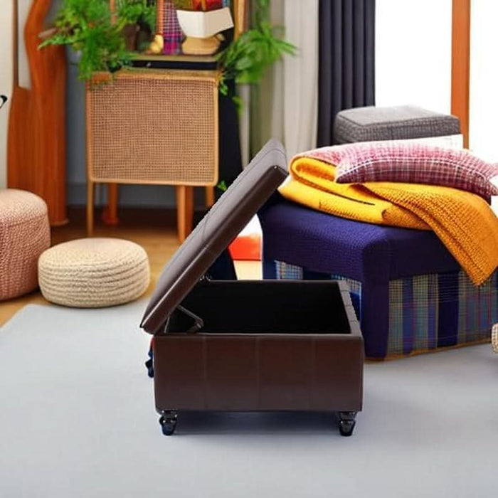 Square Leather Storage Ottoman,Ottoman Coffee Table with Storage for Living Room (Brown)