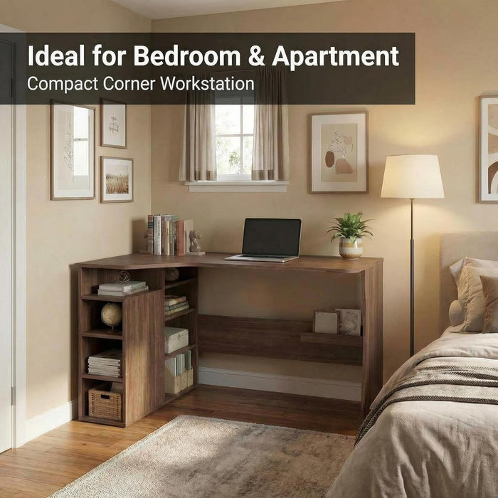 L Shaped Desk with Storage Shelves, Small Corner Desk for Small Spaces, Corner Table with 3 Tier Shelves, Home Office, Writing Study Gaming Desk, Walnut Wood