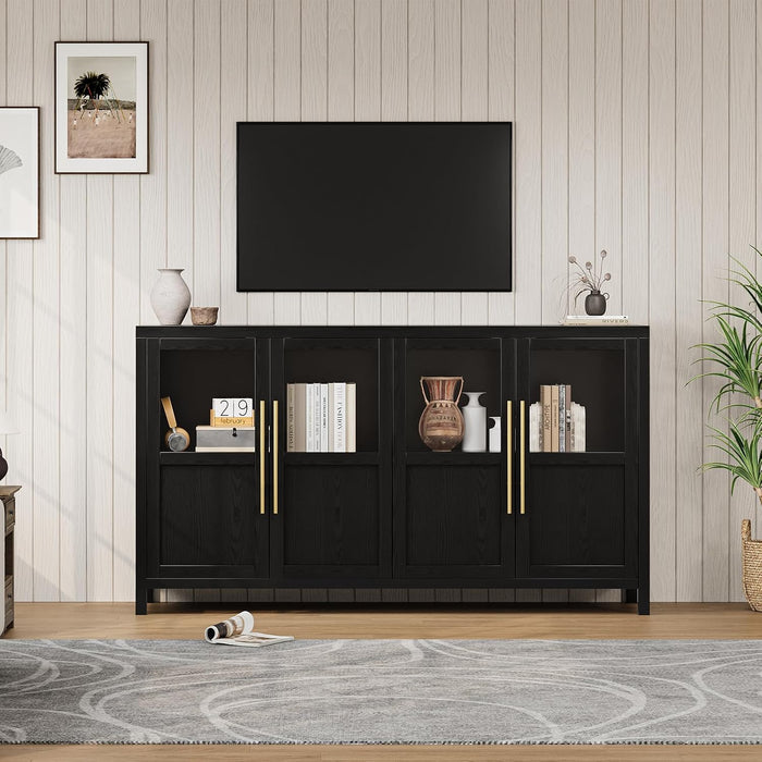 Sideboard Buffet Cabinet with 4 Glass Doors, 55 in Buffet Table Coffee Bar Wine Bar Display Cabinet for Kitchen Dining Room, Living Room (Glass with 4 Doors, Dark)