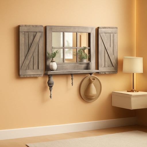 Farmhouse Window Pane Mirror Wall Decor, Vintage Mirrors with Shelf with 6 Pane Real Glass Mirror & Two Z-Style Rustic Shutters for Living Room, Dining Room (Rustic Grey)