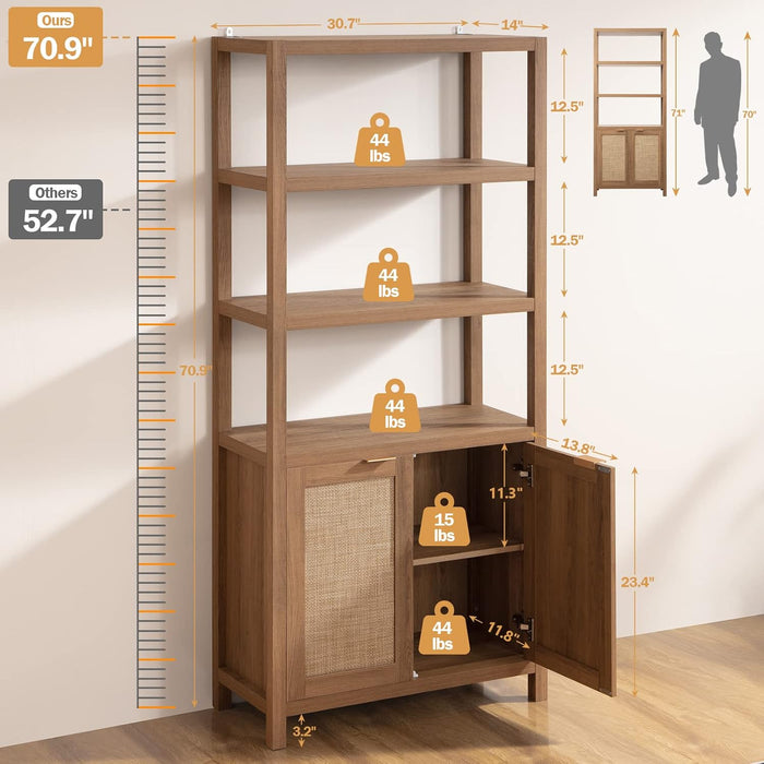 71" Tall Rattan Bookshelf with Doors for Living Room Library | 5 Tier Book Shelf Storage Shelves Large Boho Bookshelves Farmhouse Bookcase Book Case for Bedroom Home Office Kitchen