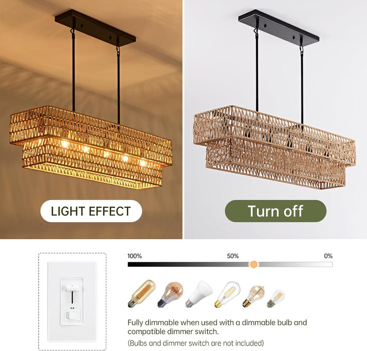 Six Light Boho Rattan Rectangular Pendant Chandelier