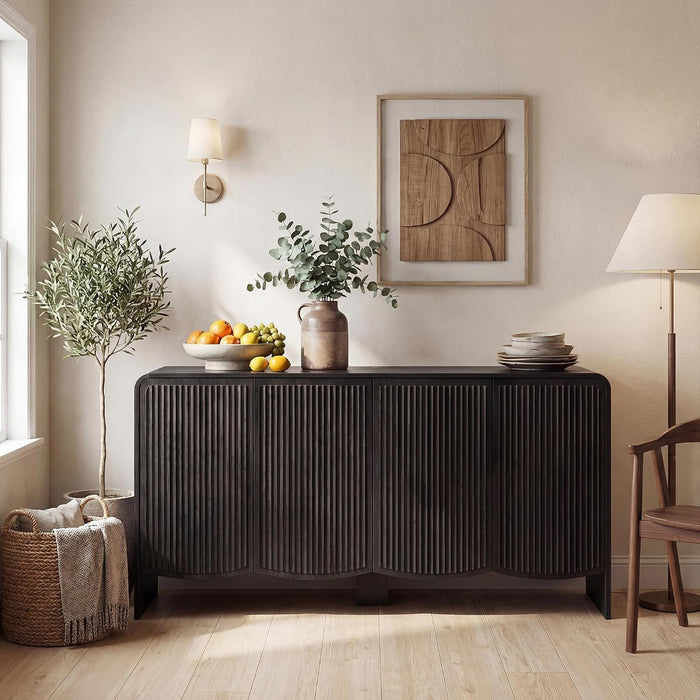 Fluted Sideboard Buffet Cabinet with Storage,58" Modern Sideboard Cabinet with Curved Design & Adjustable Shelves,Wood Console Table for Living Room,Entryway,Kitchen,Black