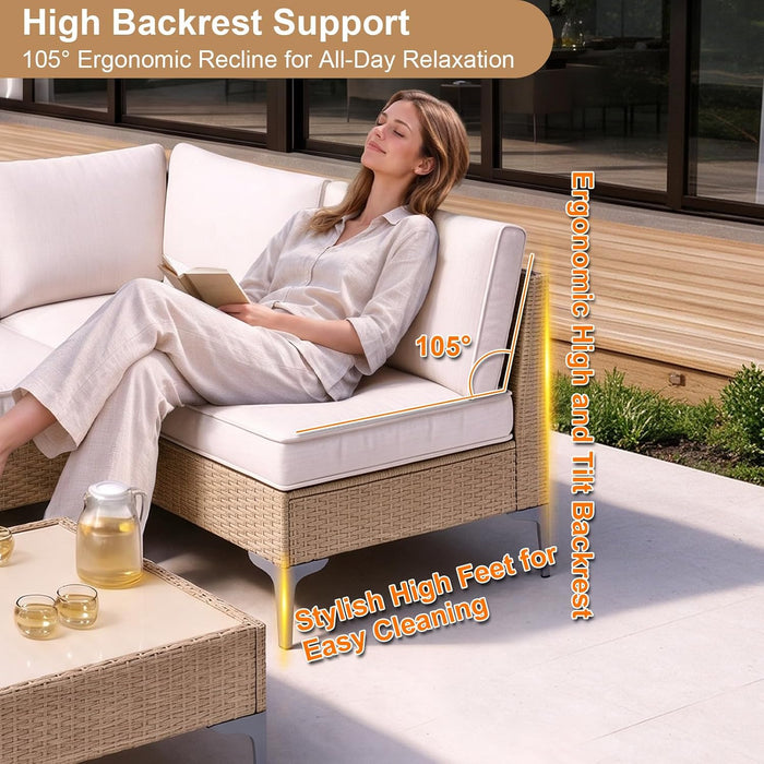 5 Piece Wicker Patio Furniture Set,Outdoor Conversation Sectional Sofa W/Coffee Table,All-Weather Outdoor Sofa with Thick and Anti-Slip Cushions for Deck,Poolside,Garden,Beige