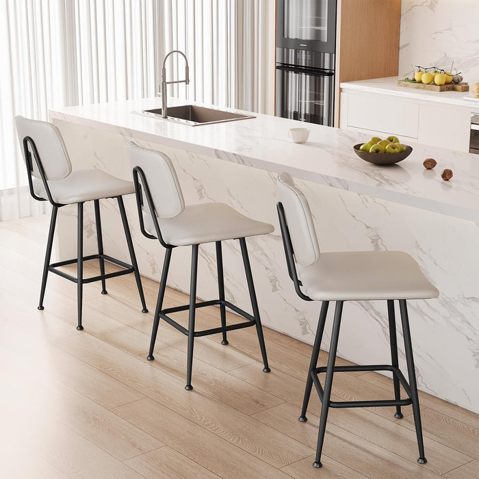 24-Inch Leather Bar Stools Set of 2 with High Backrest, Beige