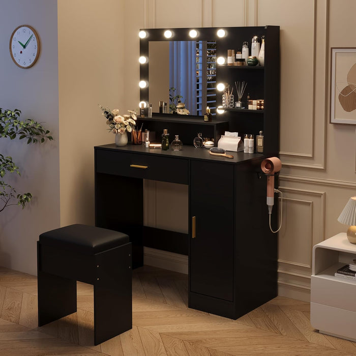 35.4-Inch Vanity with Mirror, Featuring Three-Level Adjustable Lighting, a Drawer Unit, Shelves, an Outlet, and a Stool. a Compact Vanity Suitable for Living Rooms and Apartments – Black