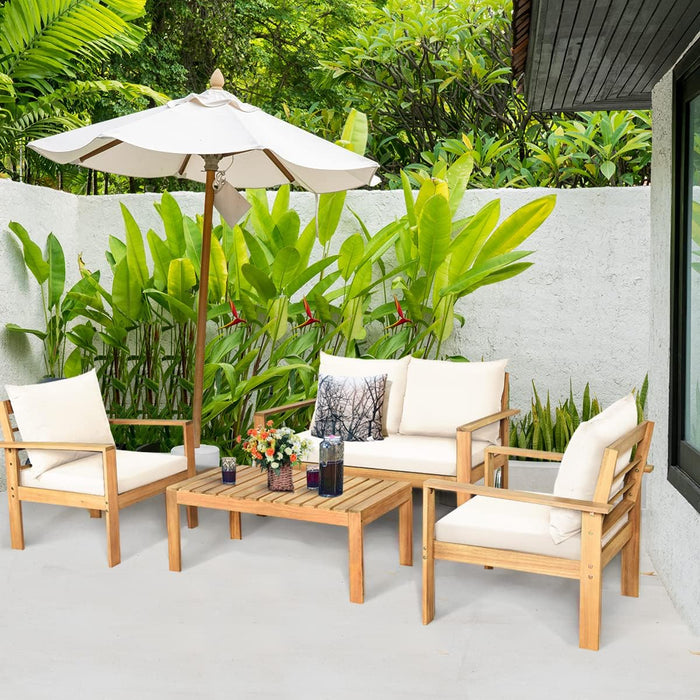 Outdoor 4-Piece Acacia Wood Chat Set, 4 Seater Acacia Wood Conversation Sofa and Table Set with Water Resistant Cushions, Teak Finished (1, White)
