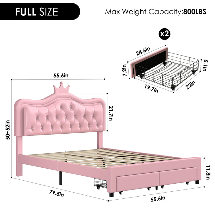 Full Size LED Upholstered Bed with Adjustable Crystal Button Tufted Crown Headboard, Soft PU Princess Platform Bed with Storage Drawers, Pink