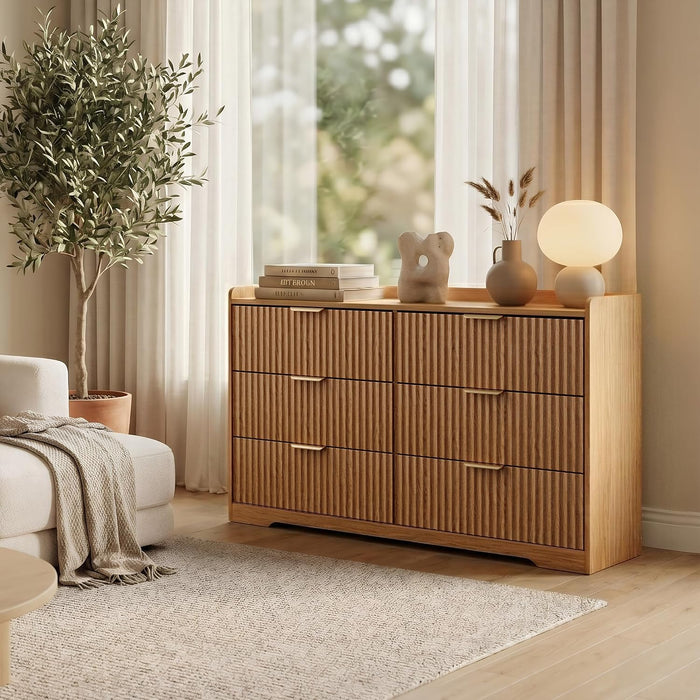 Fluted Modern 6 Drawer Dresser for Bedroom, 47"W X 26"H, Natural Oak