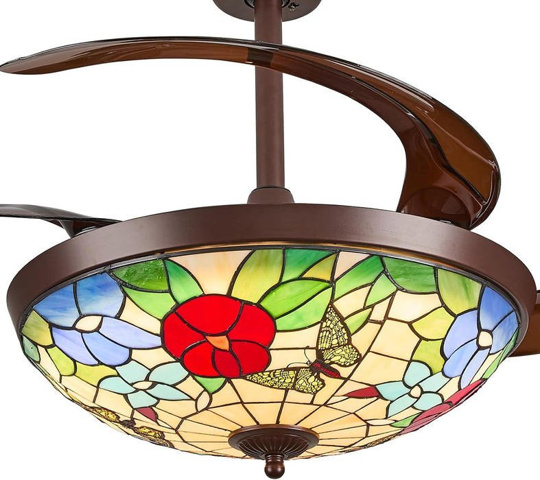 48" Tiffany Retractable Ceiling Fan with Light - (Garden, Brown)