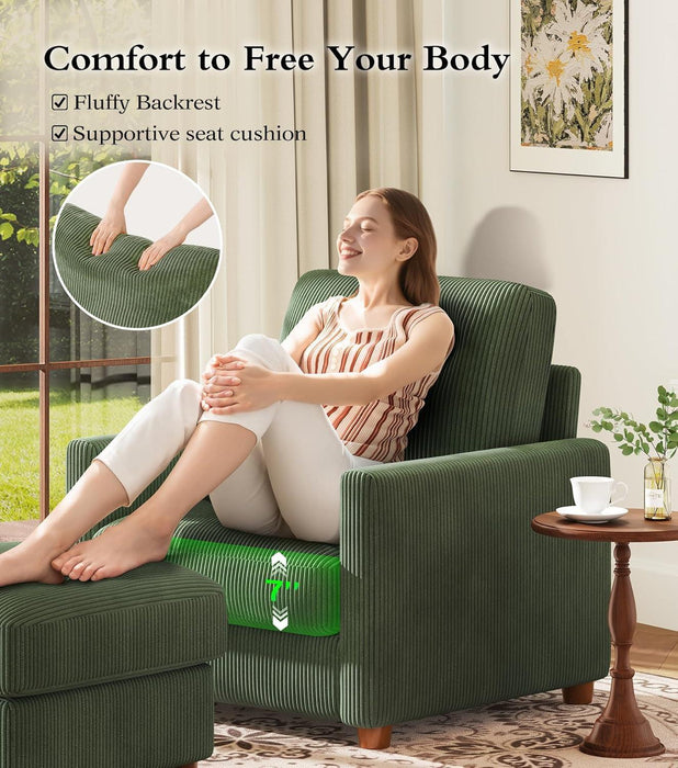 35.5In Corduroy Sofa Accent Chair, Tool-Free Setup Living Room Couch Accent Chairs, Reading Chair for Bedroom 22.5In Extra Deep Seats, Comfy Arm Chairs for Office, All-Wood Reading Nook Green