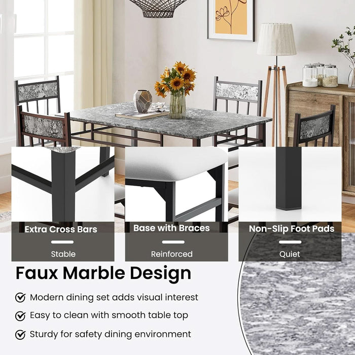 5 Piece Dining Table Set for 4, Faux Marble Kitchen Table and Chairs Set of 4, Vintage Rectangular Dining Room Table with Cushion Padded Seat, Metal and Wood Dining Set Kitchen Furniture, Grey