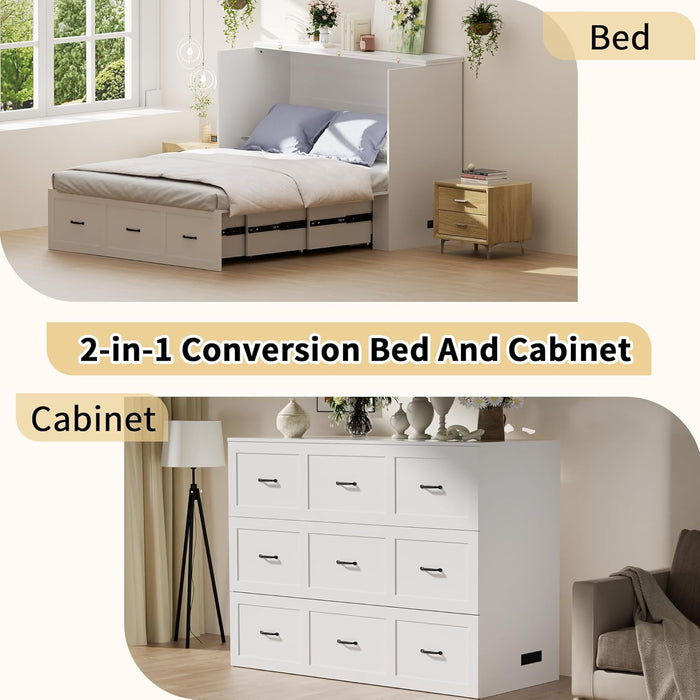 Full Size Murphy Bed with Charging Station and Drawer Farmhouse Cabinet Wood Space-Saving Hidden Folding Platform Bed Chest for Home Office Bedroom Guest Room Apartment,White