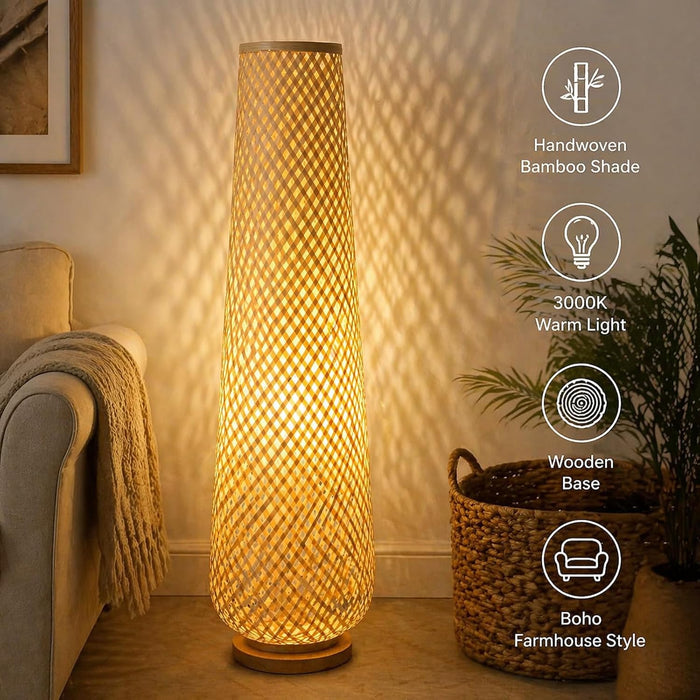 -Farmhouse Style Bamboo Floor Lamp,Large Wicker Indoor Floor Light,Boho Standing Light Plug In,Modern Minimalist Standing Lamp for Living Room Bedroom
