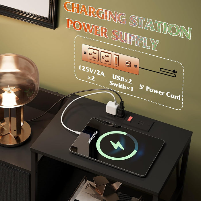 Black Dresser TV Stand for Bedroom with Charging Station and Open Shelves, Fabric Dresser with 8 Drawers and Wood Top, Wide Storage Chest of Drawers for Living Room, Hallway