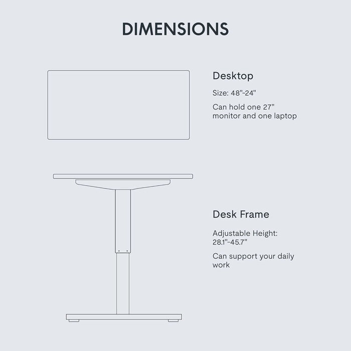 EN1 Whole-Piece Standing Desk 48 X 24 Inches Height Adjustable Electric Desk Sit Stand Desk Home Office Desks (Black Frame + White Table Top, 2 Packages)