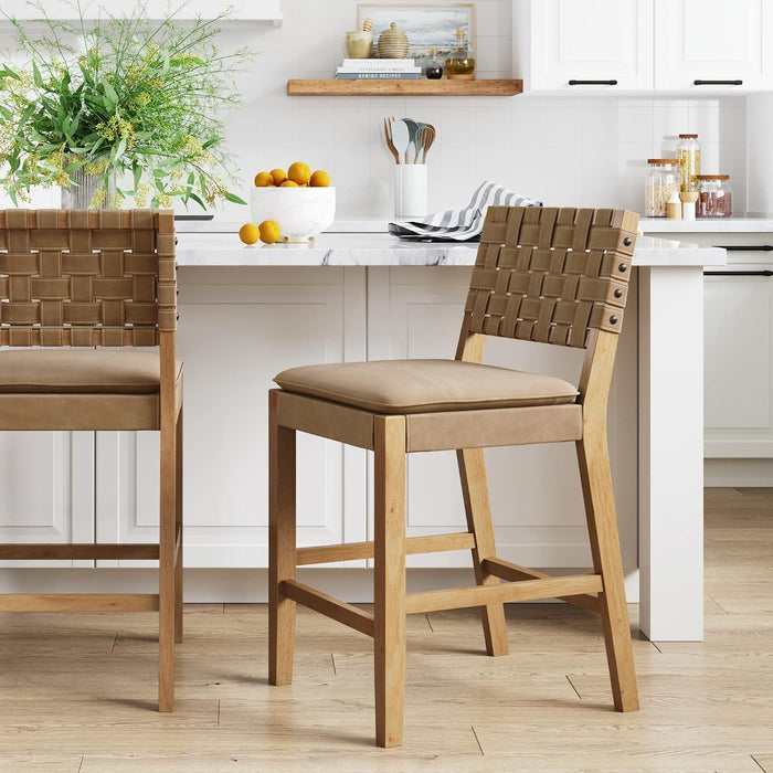 Nathan James Cohen Mid-Century Modern Leather Bar Stool, Counter Height Chair in Solid Wood Frame with Footrest and Woven Leather Back for Kitchen, Natural Brown, 1 Count, Barstool - 24"