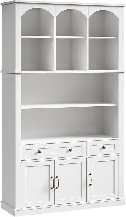 73.2" Tall Farmhouse Arched Bookshelf with Drawer and Door, 6 Tier Mid Century Modern Book Shelf and Bookcase with Storage, Floor Standing Display Cabinet for Living Room, Home Office, White