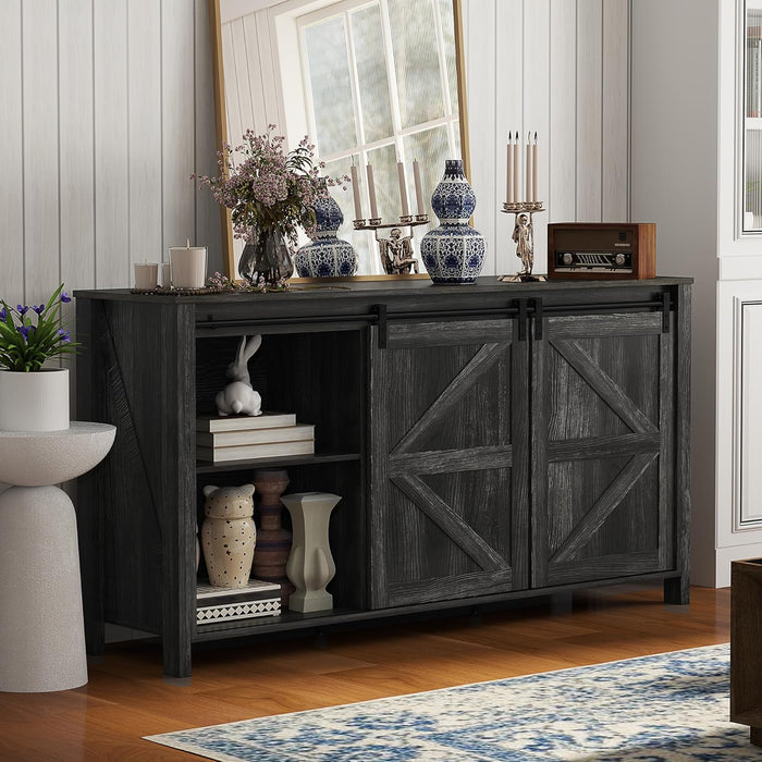 60" Farmhouse Sideboard Buffet Cabinet with Storage, Kitchen Cabinet with 2 Sliding Barn Doors, 4 Deep Drawers and 2 Adjustable Shelves, Distressed Dark Gray