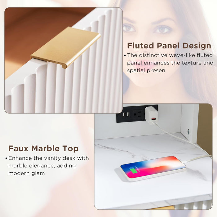 48" Fluted Makeup Vanity Desk with Large 36" Mirror and Lights, Modern Glass Top Big Vanity Table with 5 Drawers & Adjustable Shelves, Dressing Table Set W/Charging Station for Bedroom, White