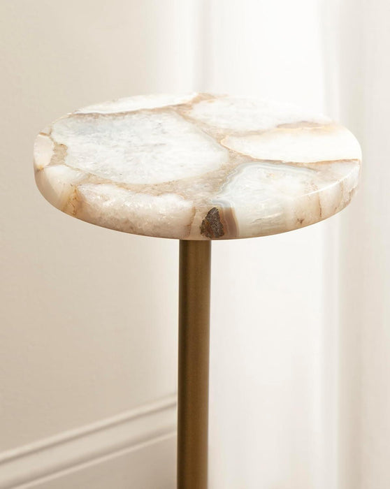Sitara Mid-Century Modern Drink Table; 8 X 8 X 23; Natural Quartz and Brass; Unique round Stone Mini Table for Use as Bathroom Accent Table or Pedestal Martini Table