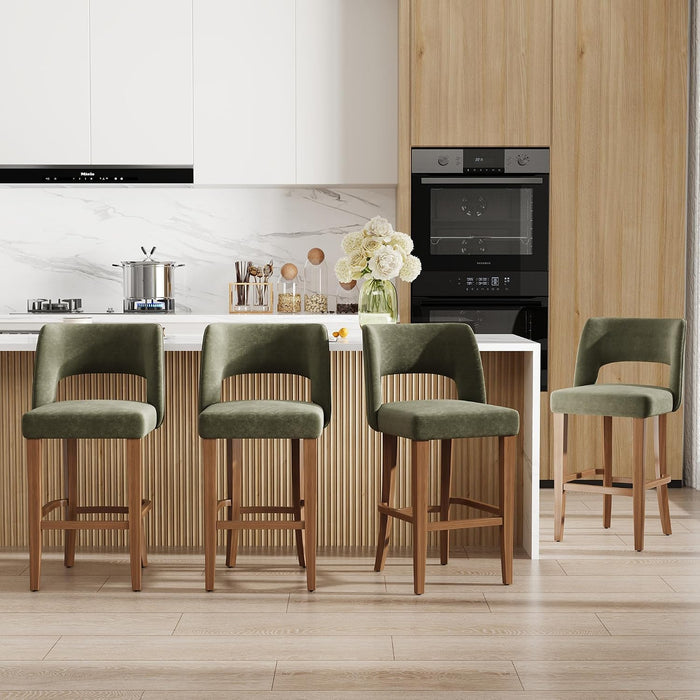 26 Inch Green Linen Bar Stool Set of 2 with Wooden Legs | Linen Fabric, Wood Legs, Ergonomic Barstools with Backrest , for Kitchen Island, Dining Room, Bar