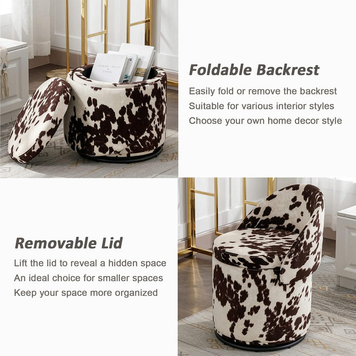 Modern round Swivel Vanity Storage Stool with Foldable Backrest, Linen Upholstered Ottoman with Removable Lid, Footrest Makeup Stool for Living Room Bedroom, Brown Milk Cow