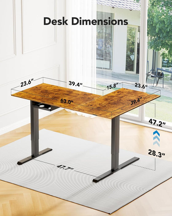63X40 Inch Dual Motor L Shaped Electric Standing Desk with 3 Preset Heights, Electric Height Adjustable Computer Table, 2 Hooks & Cable Tray, Raising Desk for Home Office, Vintage Brown