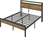 Queen Size Bed Frame with Storage Headboard & Charging Station, Industrial Metal Platform Bed with Large Under-Bed Storage, Heavy Duty Slats, No Box Spring Needed, Rustic Brown