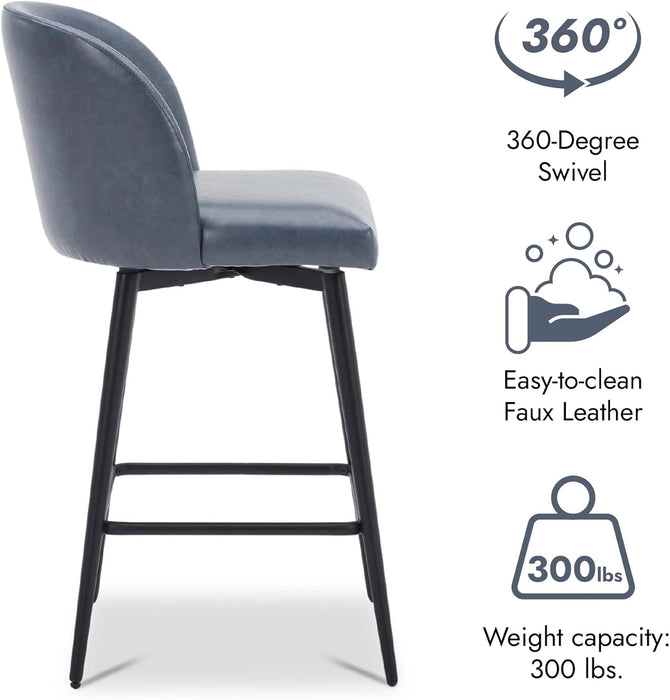 Counter Height Bar Stools Set of 3, 360° Swivel Upholstered Barstools with Backs and Metal Legs, 26" H Seat Height, Faux Leather in Blue