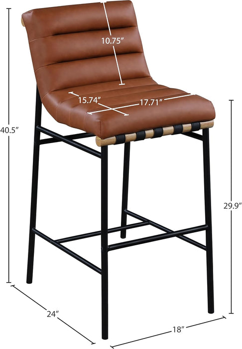846Cognac-C Burke Collection Modern | Contemporary Bar Stool with Soft Cognac Vegan Leather, Matte Black Metal Frame, White Oak Veneer Metal Dowel, 18" W X 24" D X 40.5" H, Cognac