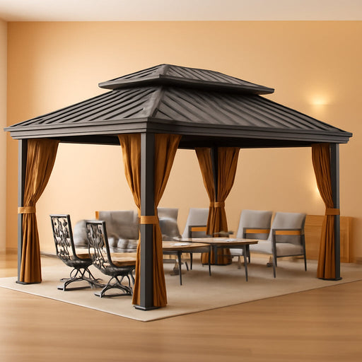 12X18FT Meatl Hardtop Gazebo Metal Double Roof Canopy Galvanized Iron Aluminum Pillar Garden Tent Curtains Netting for Patios Backyards Decks Lawns