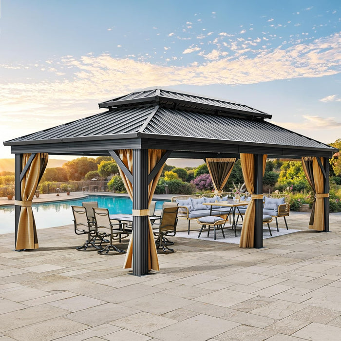 12X18FT Meatl Hardtop Gazebo Metal Double Roof Canopy Galvanized Iron Aluminum Pillar Garden Tent Curtains Netting for Patios Backyards Decks Lawns
