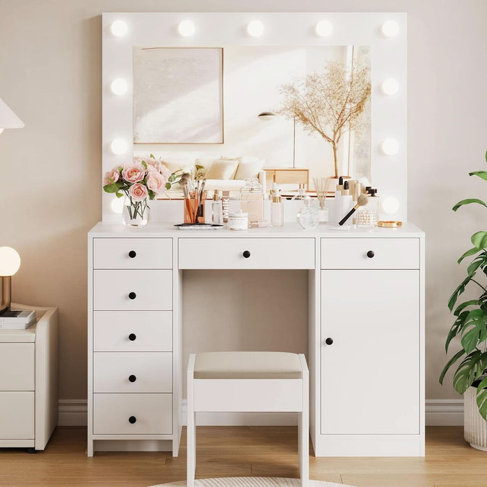 White Vanity Desk with Mirror and Light, Makeup Vanity Table with Charging Station, 7 Storage Drawers, 1 Cabinet, 3 Color Lighting Modes, Modern Wooden Dressing Table for Bedroom