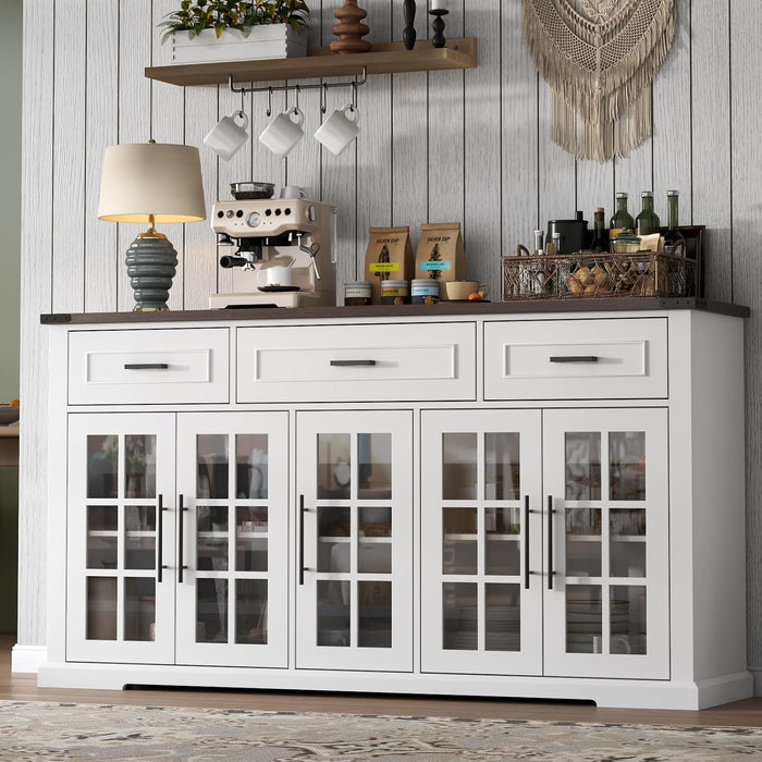 63" Sideboard Buffet Cabinet with Glass Doors, Farmhouse Large Buffet Table with 3 Storage Drawers, Modern Coffee Bar Wine Bar Cabinet with Adjustable Shelves for Kitchen, Dining Room, White