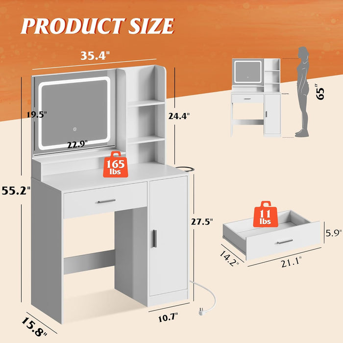 Vanity Desk with Mirror and Lights, Makeup Table with Drawer, Cabinet and Open Shelves, Bedroom Dressing Table with Charging Station, White