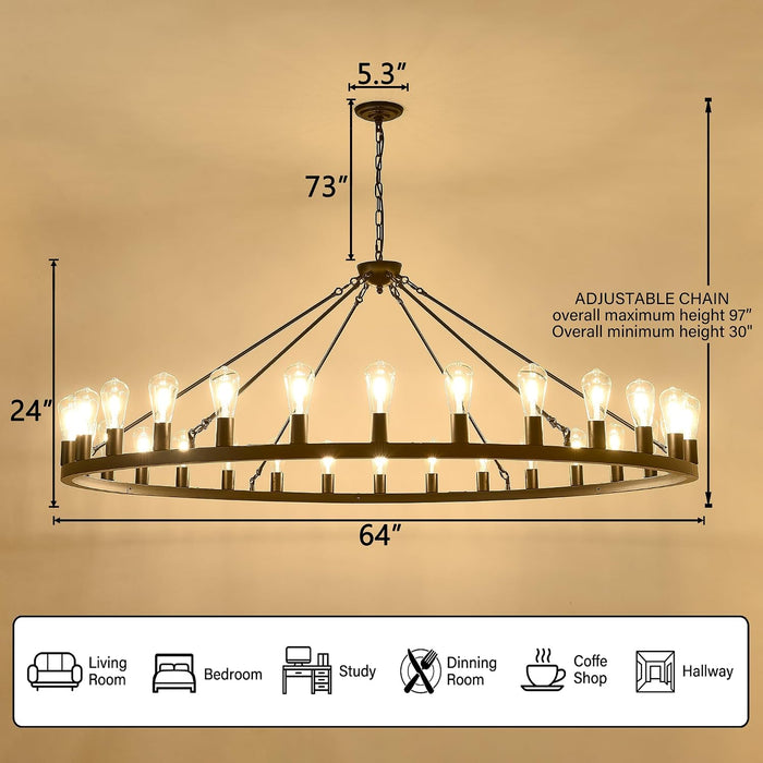 Large Black Wagon Wheel Chandelier 64 Inch,30-Light Farmhouse Wagon Wheel Chandeliers round Industrial Ceiling Light Fixtures for Outdoor Porch High Ceilings Living Dining Room Foyer Entryway