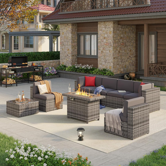 8-Piece Patio Furniture Set with 40” Fire Pit Table Wicker Rattan Conversation Set Outdoor Sectional Sofa with Removable Cushions and Coffee Table (8 PCS Gray)