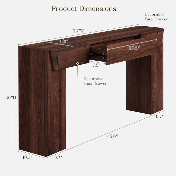 63" Console Table with Storage Drawer, Modern Entryway Table with Drawers, Thick Wood Legs Design, Sofa Table behind Couch, Wood Console Tables for Entryway Hallway Living Room, Brown