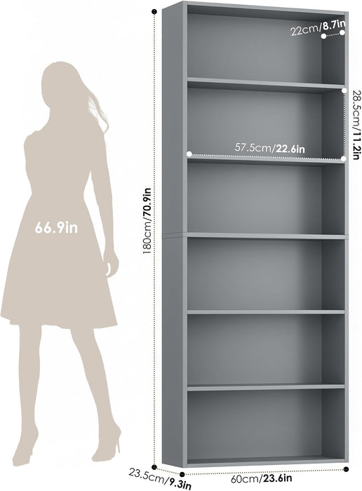 6 Tier Tall Bookshelf Bookcase with Open Display Shelves, Dark Gray