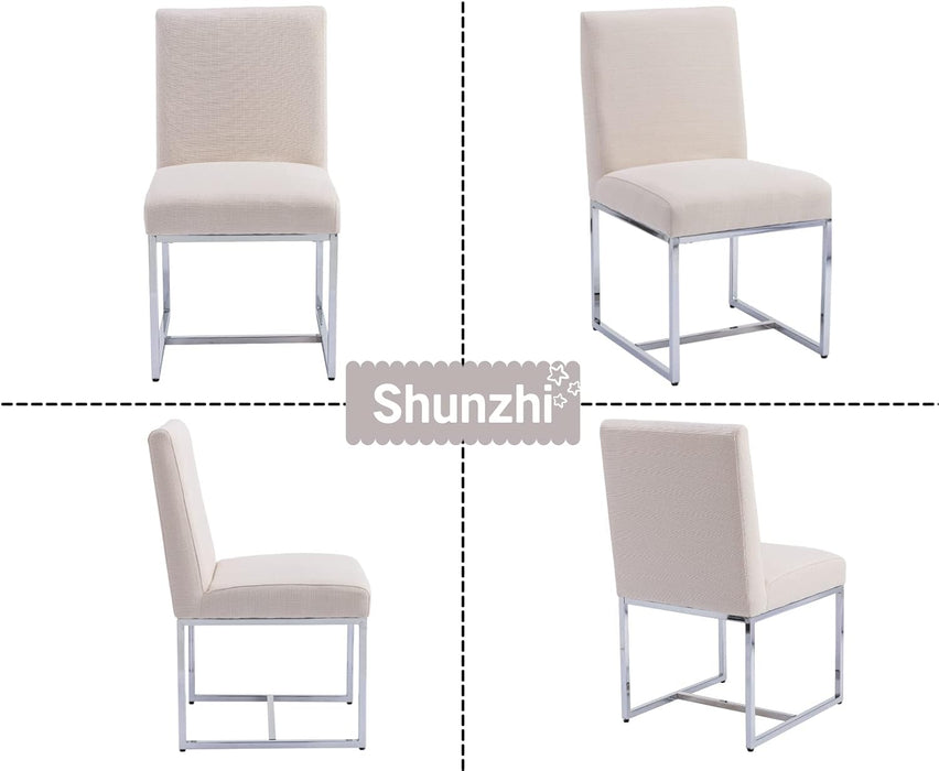 Upholstered Modern Dining Chairs Set of 2 Linen Mid Century Dining Room Chairs Armless Side Chair Comfy Kitchen Chairs with Chrome Metal Base for Living Room/Kitchen,Cream,2Pcs