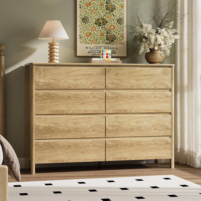 Oak 8 Drawer Dresser for Bedroom, 55" Wide Modern Wood Dresser