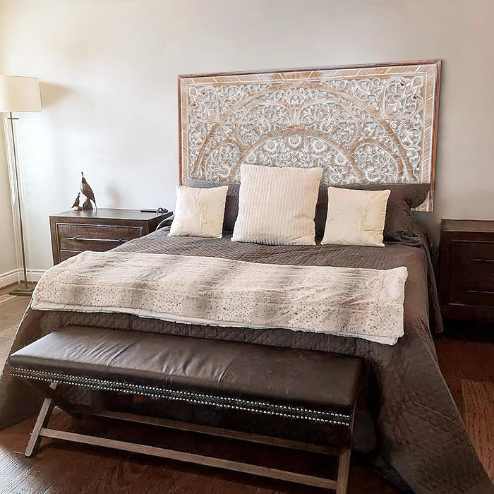 Queen Wood Headboard White-Wash | Carved Full Headboard Only | Wooden Headboard Full Size Bed | Wall Mount Headboard Queen | Full Bed Headboard Panels (Queen, Sumber, Antic)