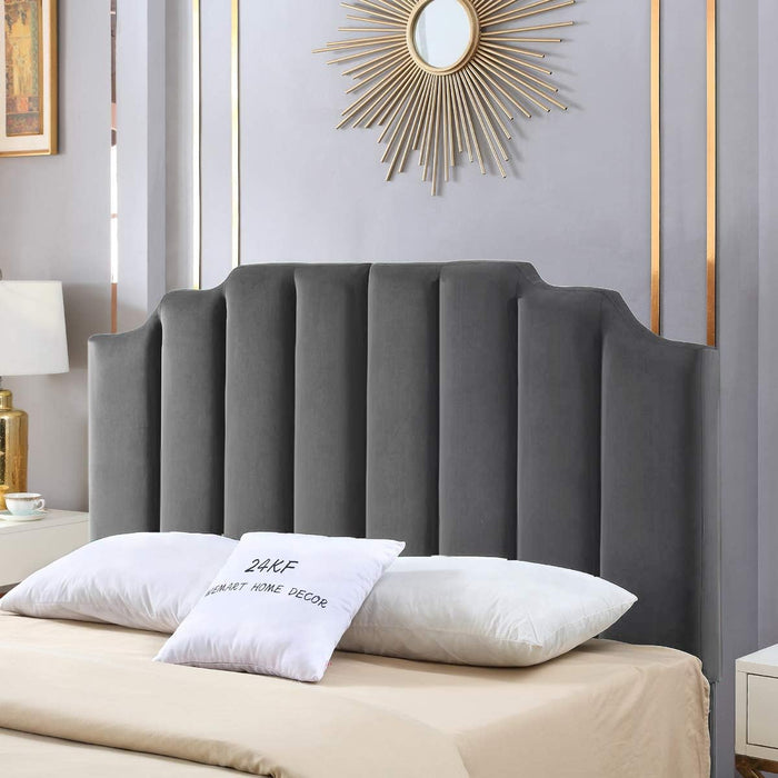 Dark Gray Velvet Tufted Queen Upholstered Headboard, Modern Vertical Channel Design California Queen/Full Headboard with Stepped Silhouette Top Edge,Dark Gray