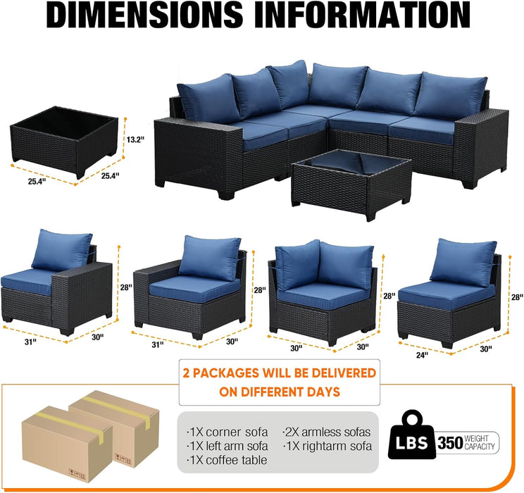 6 Pieces Patio Furniture Set All-Weather Outdoor Wicker Sectional Conversation Sofa Rattan Patio Seating Sofa with Cushion and Glass Table for Porch Poolside,Navy