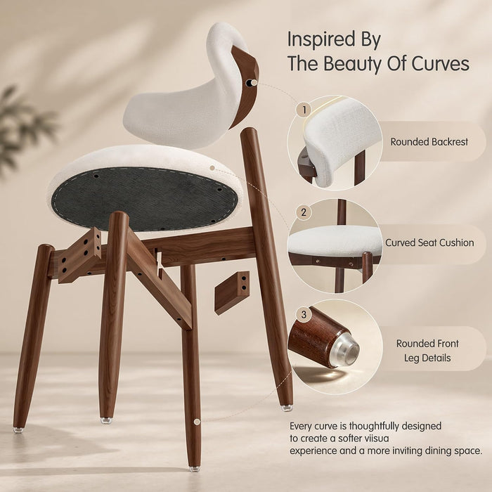 Wooden Dining Chairs Set of 4, Upholstered Dining Room Chairs with Curved Backrest, Mid Century Modern Fabric Kitchen Chair Foot Pegs, Upgrade with Taller Chair Legs, Cream & Walnut Legs