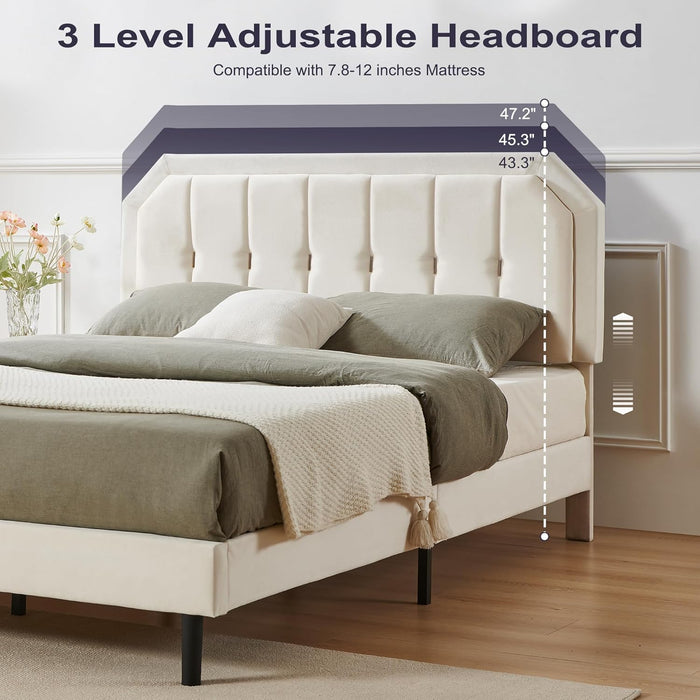 Queen Bed Frame, Velvet Upholstered Platform Bed with Golden Trim, Modern Style Bed with Adjustable Headboard, No Box Spring Needed, Strong Wooden Slats, No-Noise, Easy Assembly, Beige