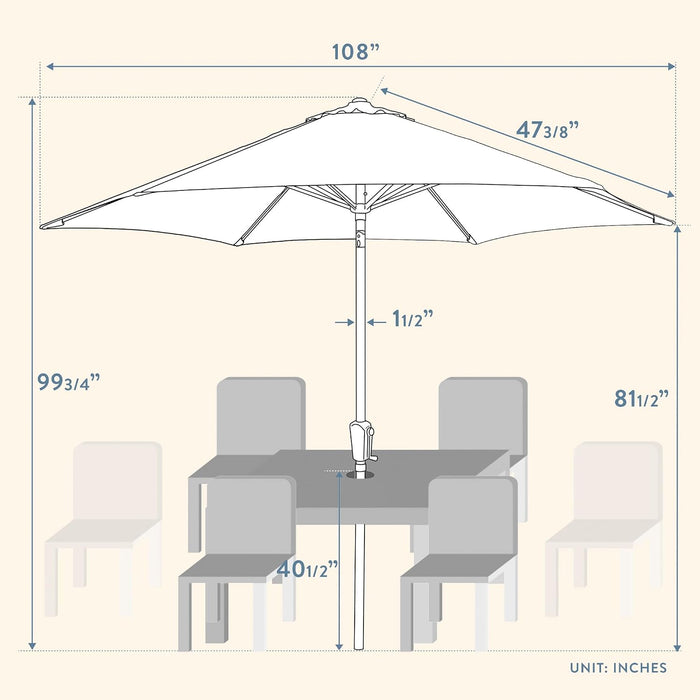 9-Ft Patio Umbrella, 8-Year Protection, Solstice Fade-Resistant Fabric, Crank Lift, Push-Button Tilt, Heavy-Duty Aluminum Frame, 6 Reinforced Ribs with Wind Vent, Grey/White Stripe